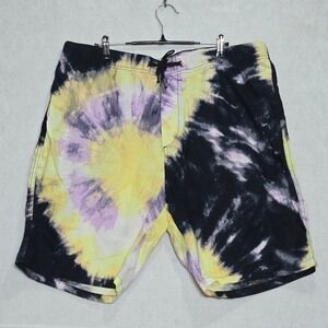 H&M Tie Dye Shorts Mens XL Yellow Purple Black Linen Blend Relaxed Fit